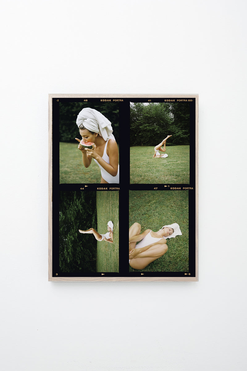 4 images of woman in white bathing suit in nature, framed on white wall.