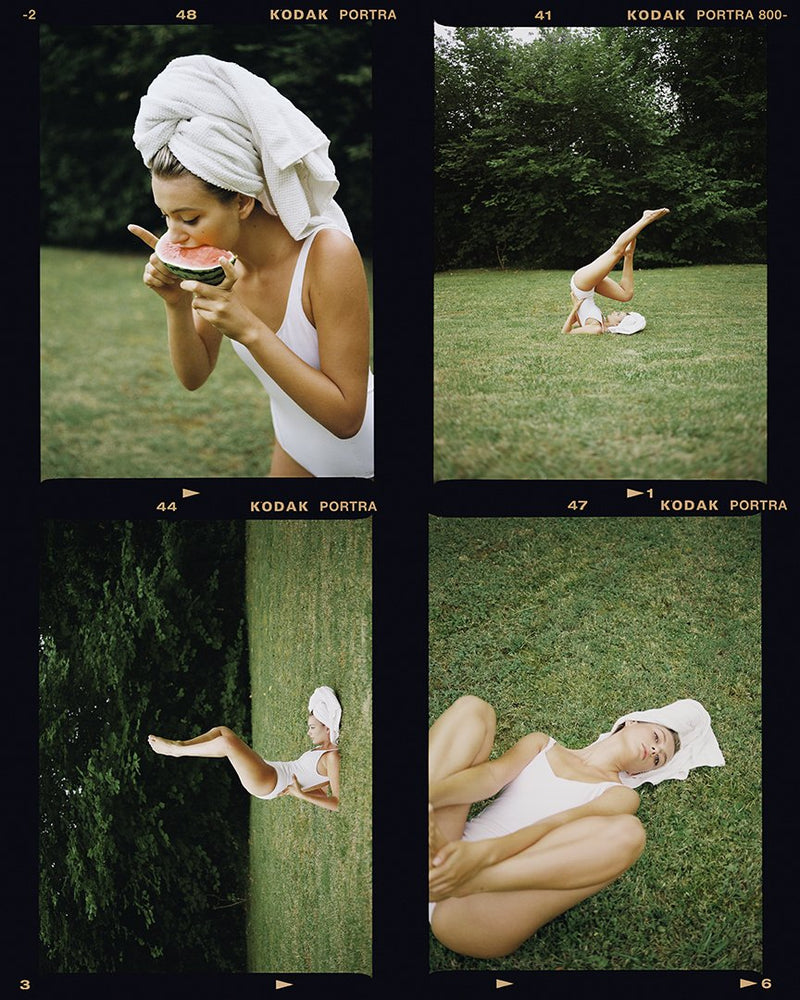 4 images of woman in white bathing suit in nature.