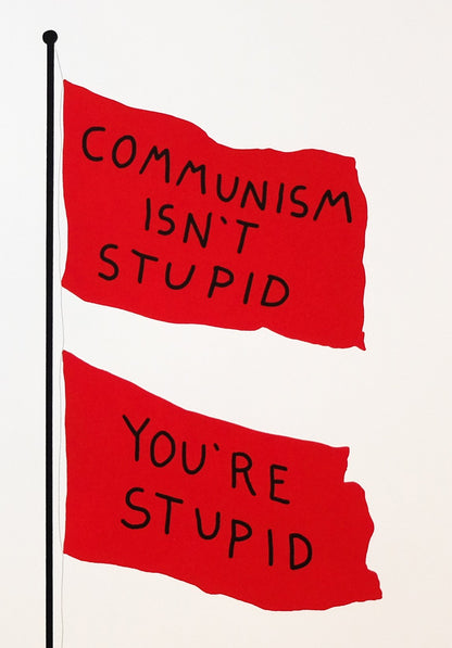 2 flags on a pole, flags read 'COMMUNISM ISN'T STUPID YOU'RE STUPID' in black text, detail.