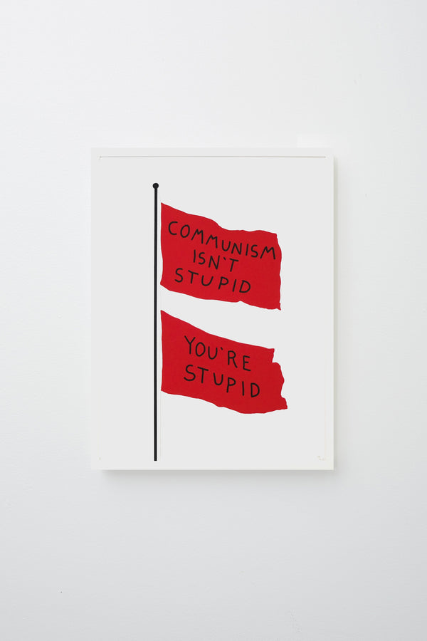 2 flags on a pole, flags read 'COMMUNISM ISN'T STUPID YOU'RE STUPID' in black text. Framed on white wall.