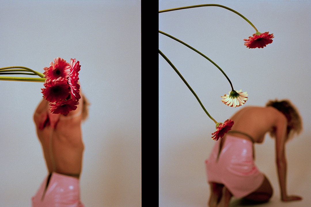 2 images of topless woman and Gerber daisies, unframed.