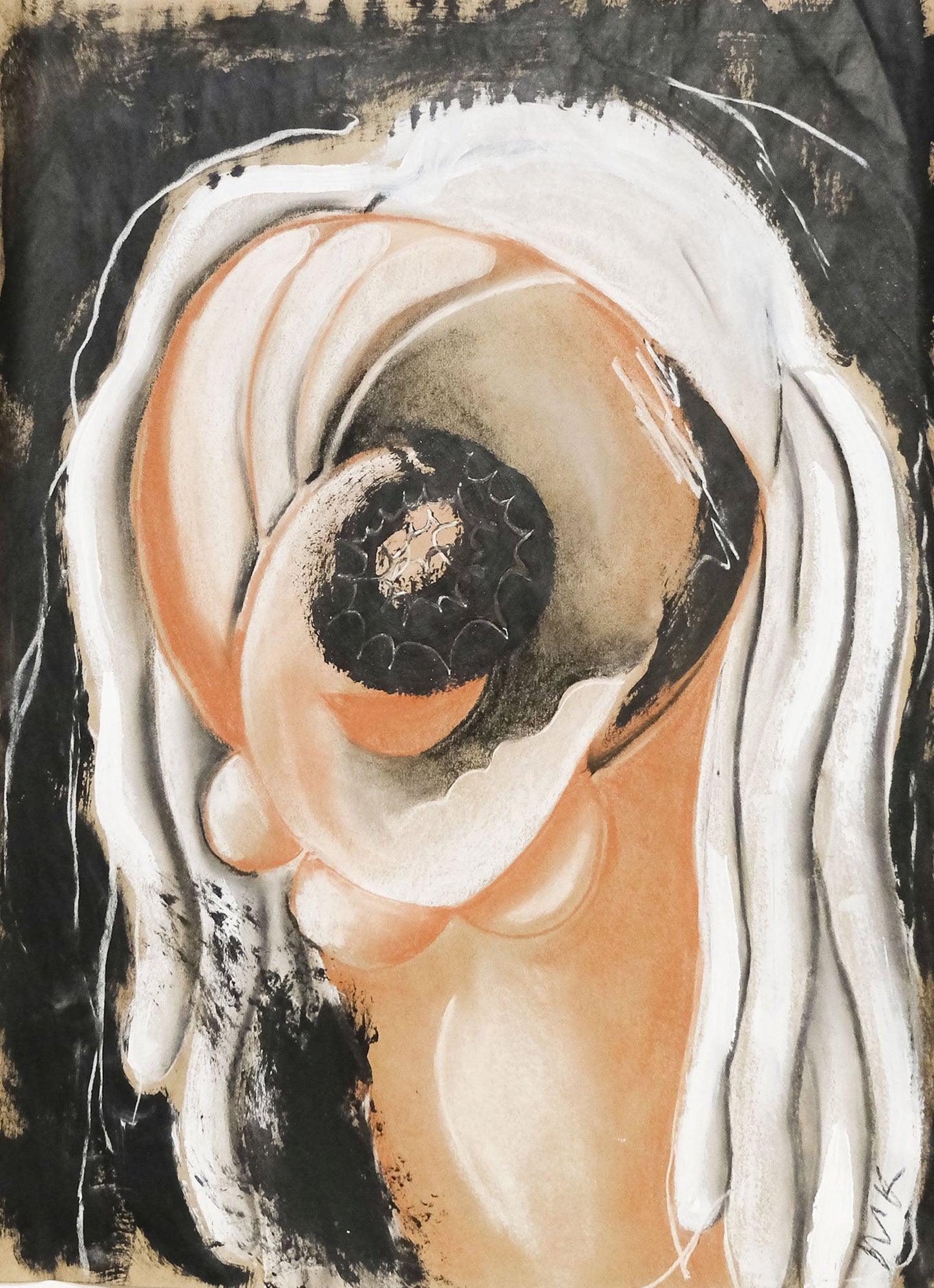 Abstract human head with hair, neutral palette.