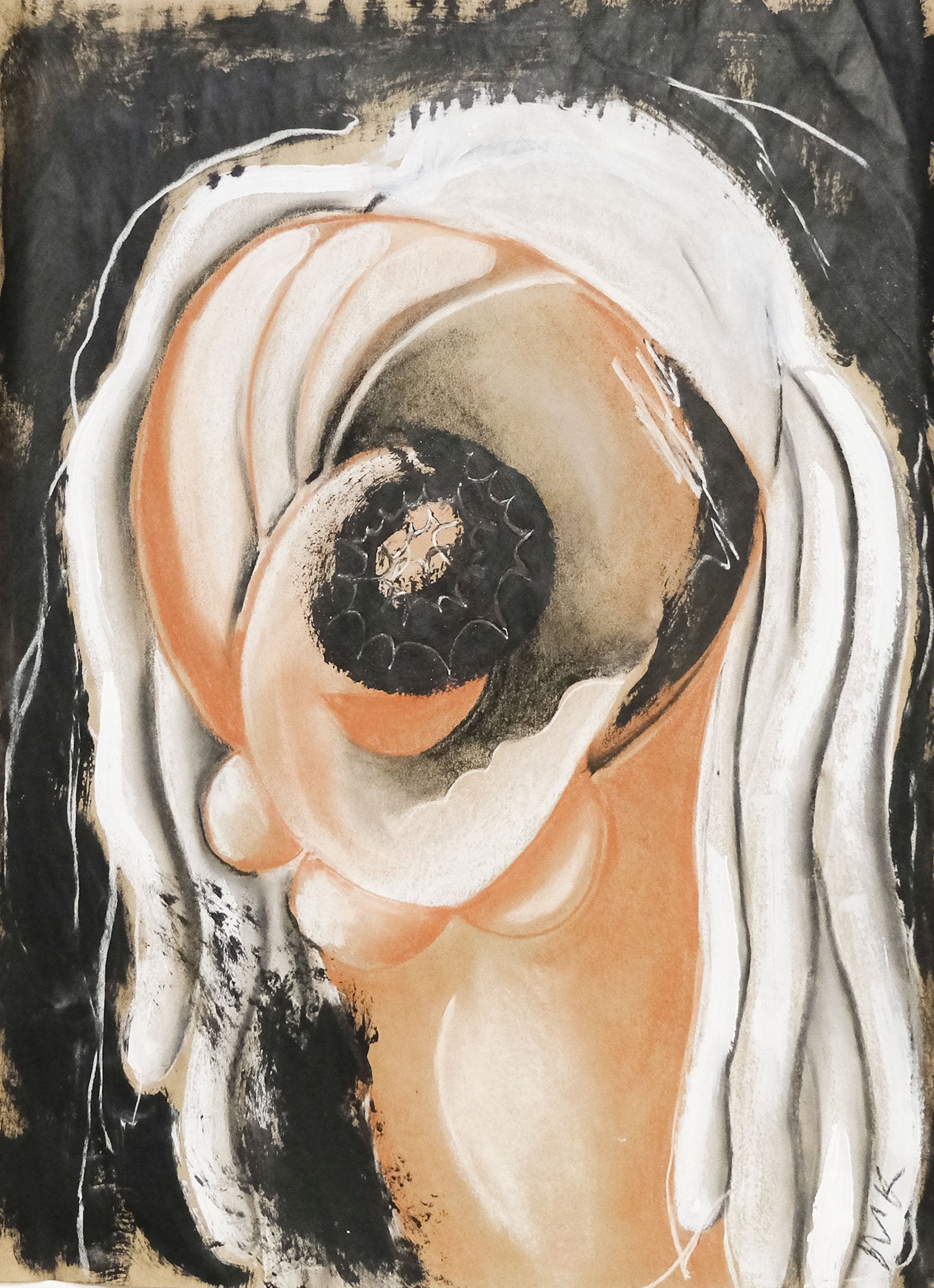 Abstract human head with hair, neutral palette.