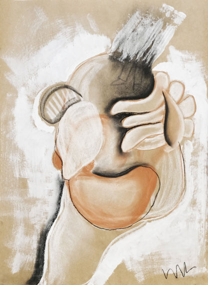 Fragmented hands and arms grasp abstract organic shapes, neutral patlette.