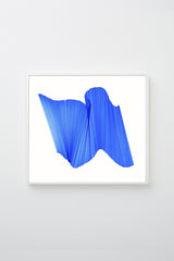 "Migration 12" (Bright Blue lines intersecting on white paper, appearing to float), framed.