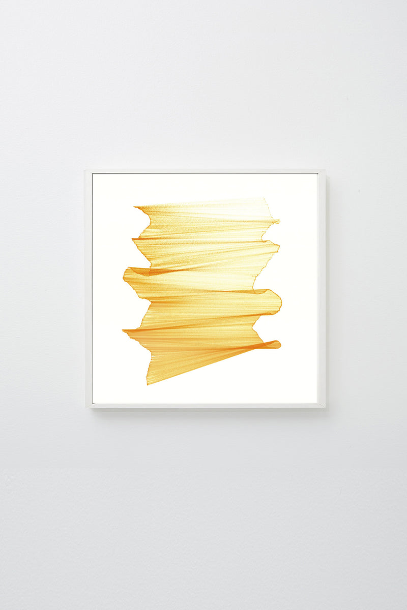"Migration 24" (Yellow lines intersecting on white paper, appearing to float), framed.