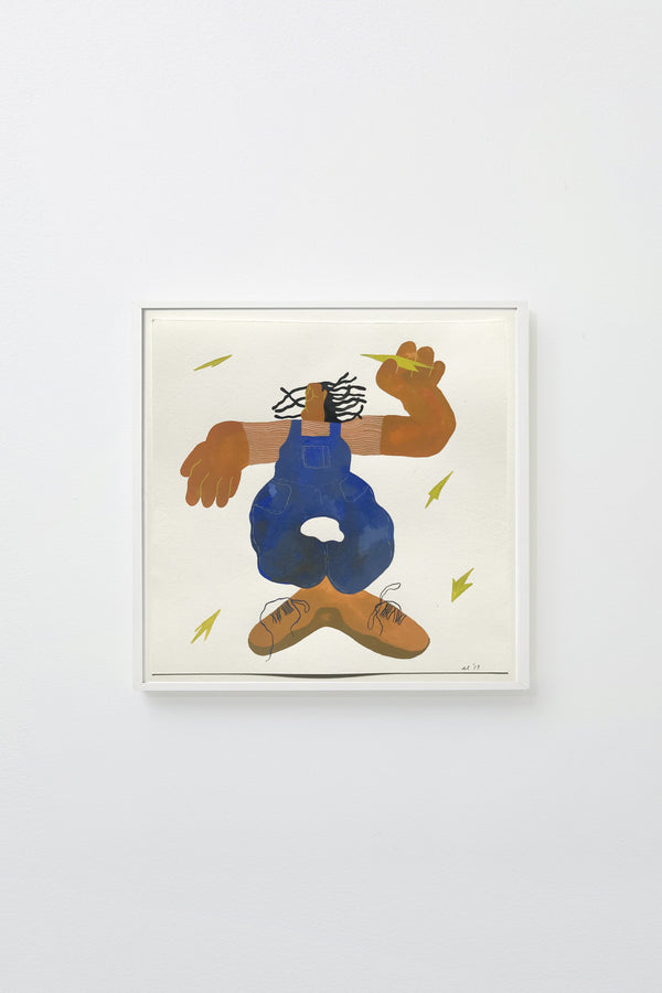 "Playing Boy" (Figure in blue overalls with exaggerated hands and feet), framed.