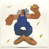 Figure in blue overalls with exaggerated hands and feet.