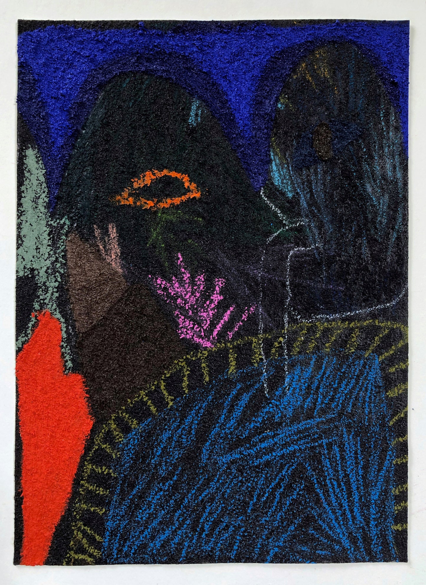 Dark palette, outline of figures in vibrant blues, yellows, and reds.