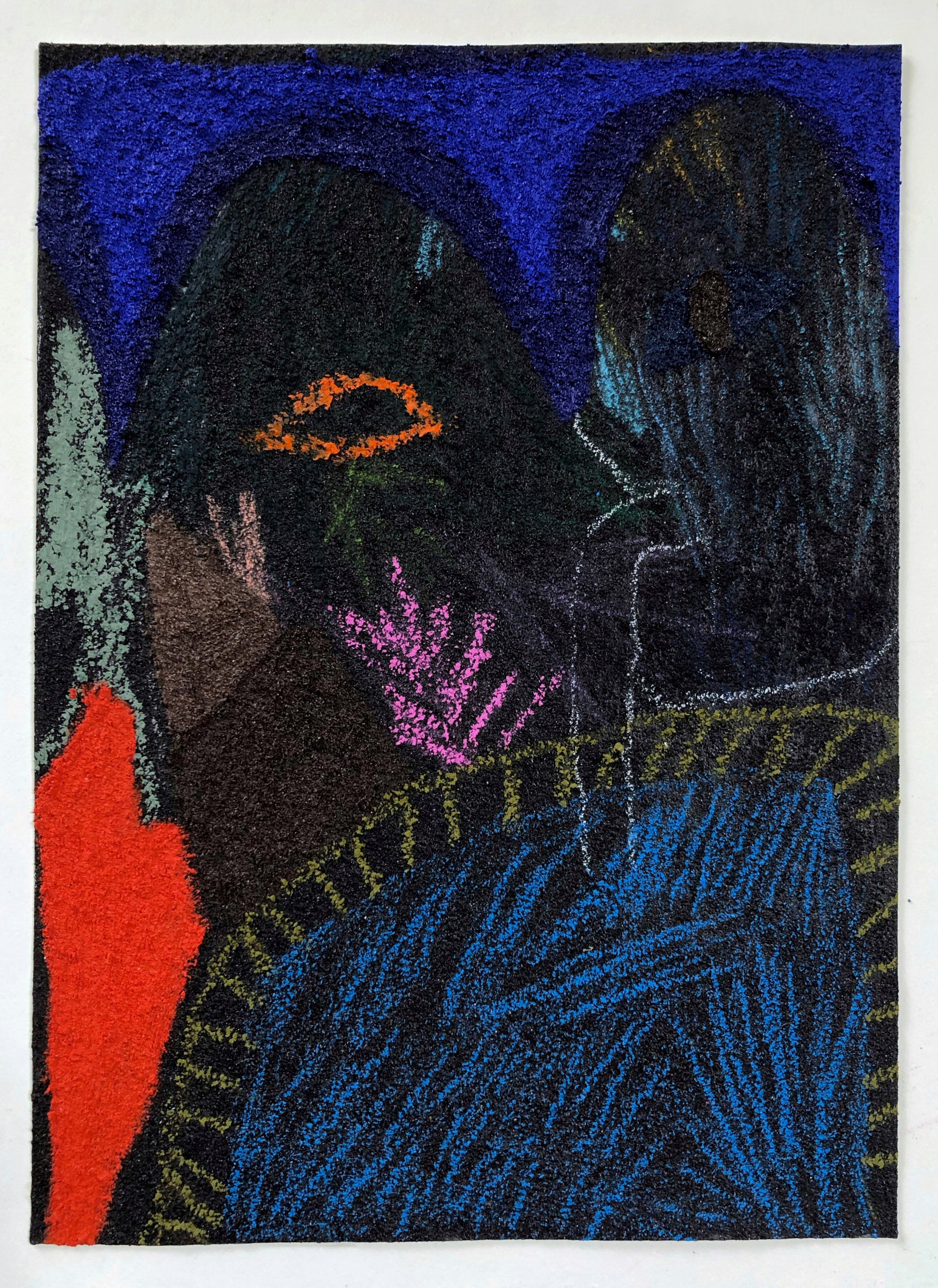 Dark palette, outline of figures in vibrant blues, yellows, and reds.