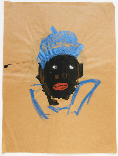 Black figure in blue clothing on brown background.