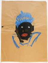 Black figure in blue clothing on brown background.