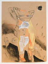Fragmented figure undresses, another figure looks on. Neutral palette, brown paper.